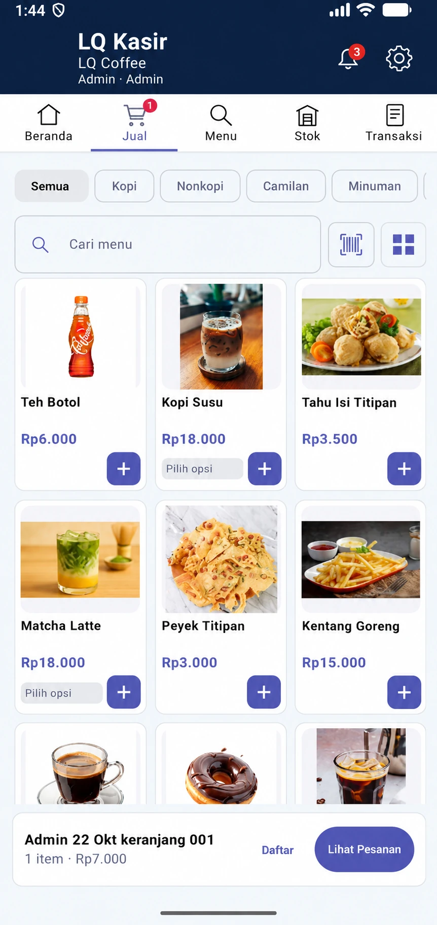 Tampilan kasir LQ Kasir dengan foto menu, harga, dan pilihan produk